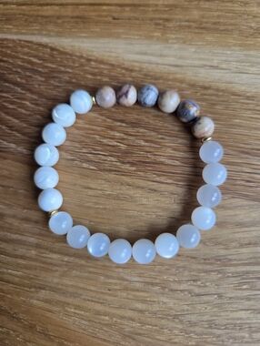 Mother Of Pearl, White Moonstone & Crazy Lace Agate Beads Stretch Bracelet